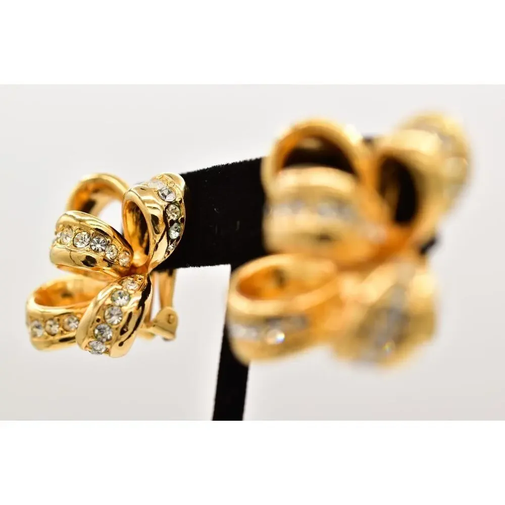 KJL Vintage Crystal Bow Clip Earrings Knot Gold Tone Chunky Signed 1990s BinBF - Picture 3 of 12